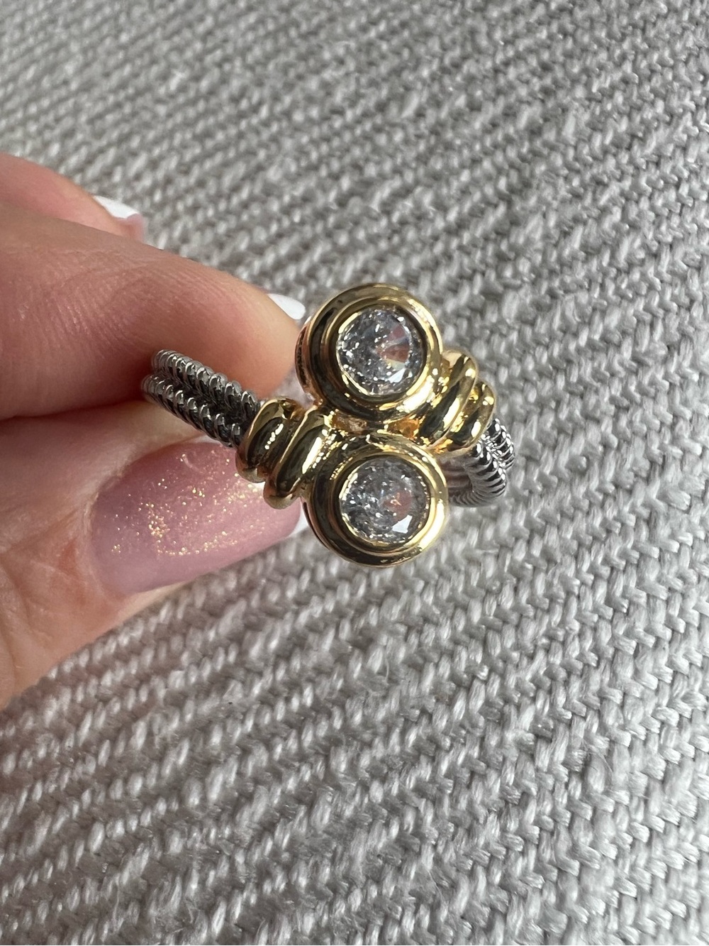 Two-Stone Gold & Silver Rope Ring with Clear Cubic Zirconia